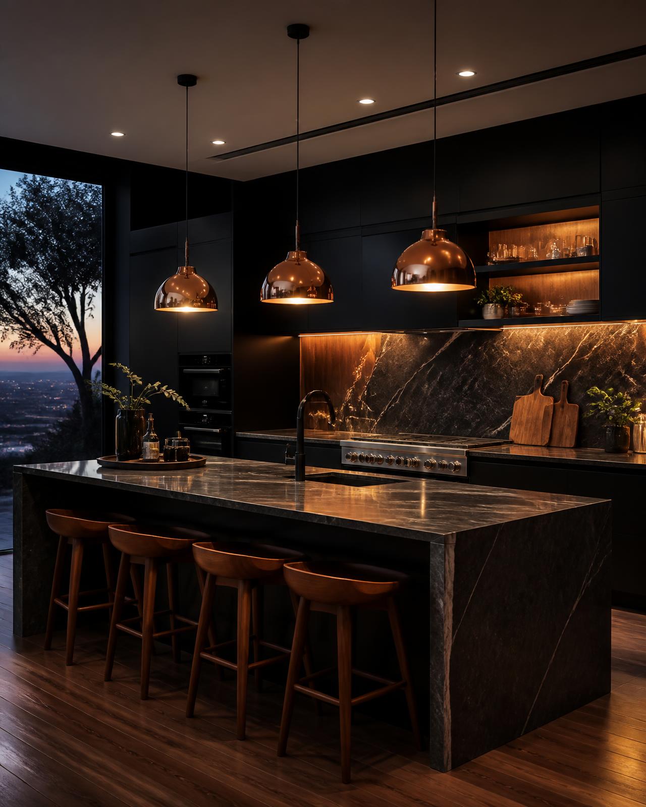 Modern dark kitchen remodel with copper pendant lighting and marble island